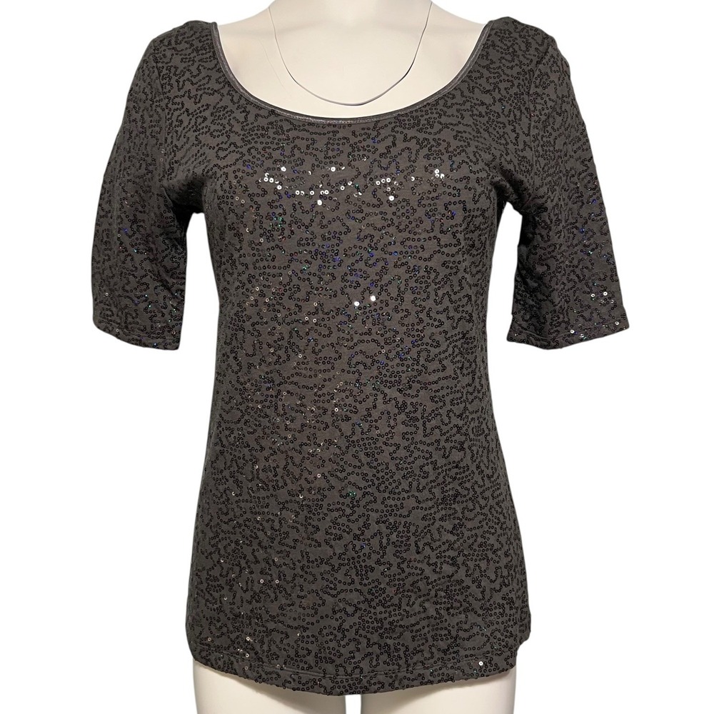 Banana Republic Sequined T Shirt Womens S Grayish Black‎ Elbow Slv Boat Neck NWT